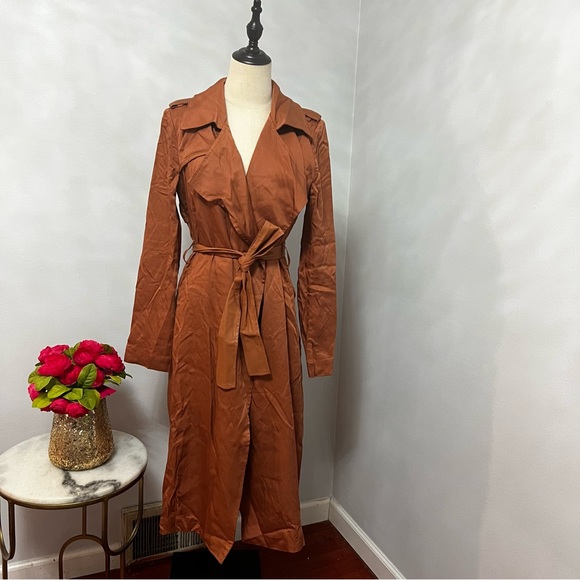Badgley Mischka Faux Leather Trim Cedar Color Long Trench Coat - Duplicate - Picture 5 of 16